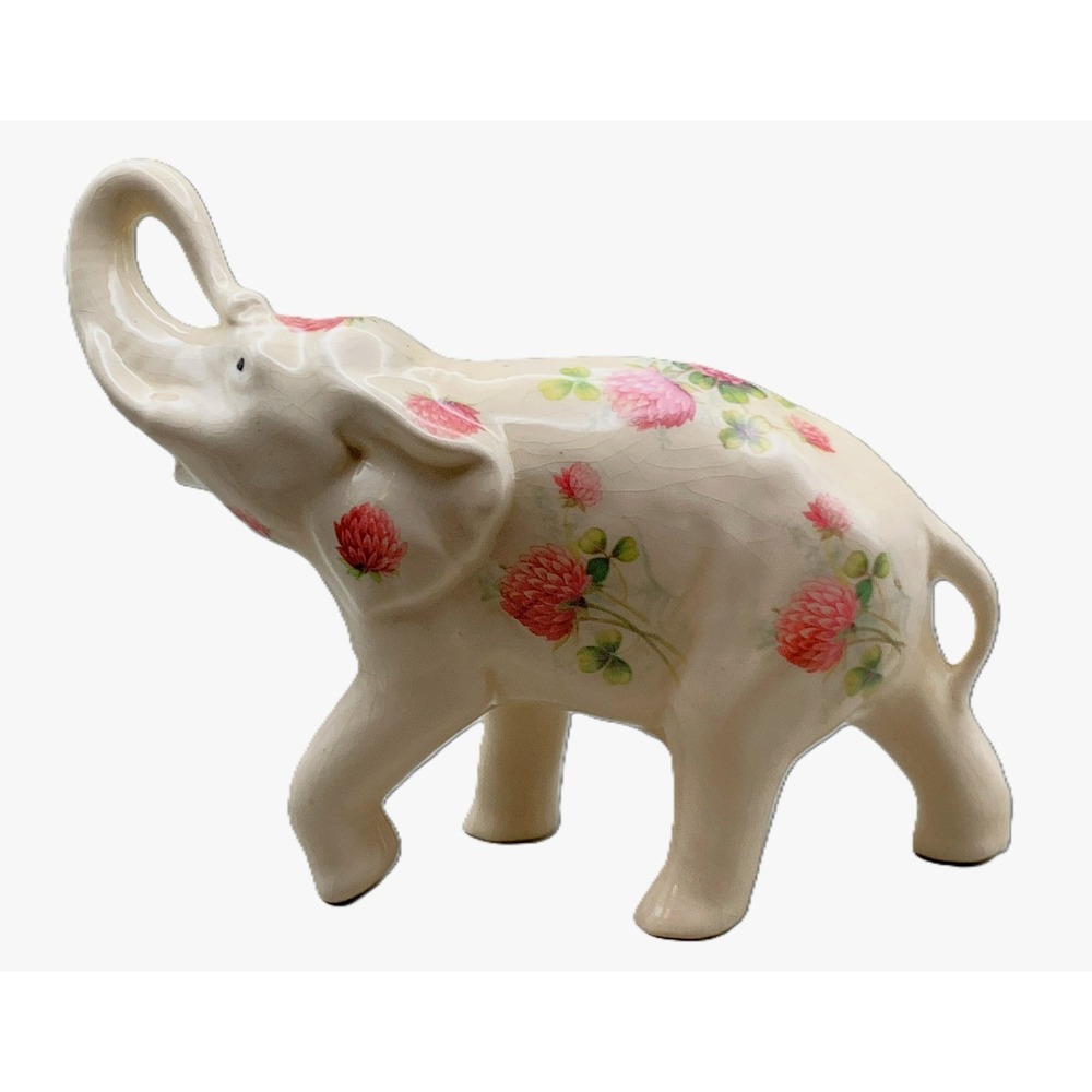 Cottage Granny Core Pink Thistle Flowers ELEPHANT Trunk Up Vtg Figurine 6" x 8" - Picture 6 of 12